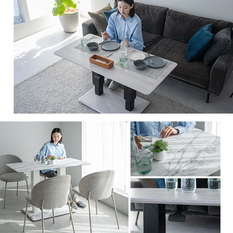 リフティングテーブル センターテーブル 幅120cm ガス圧昇降式 高さ調節可能 昇降式テーブル ダイニングテーブル 昇降式デスク 大理石調 木目調 二本脚 テーブル デスク 食事 仕事 リビング ダイニング