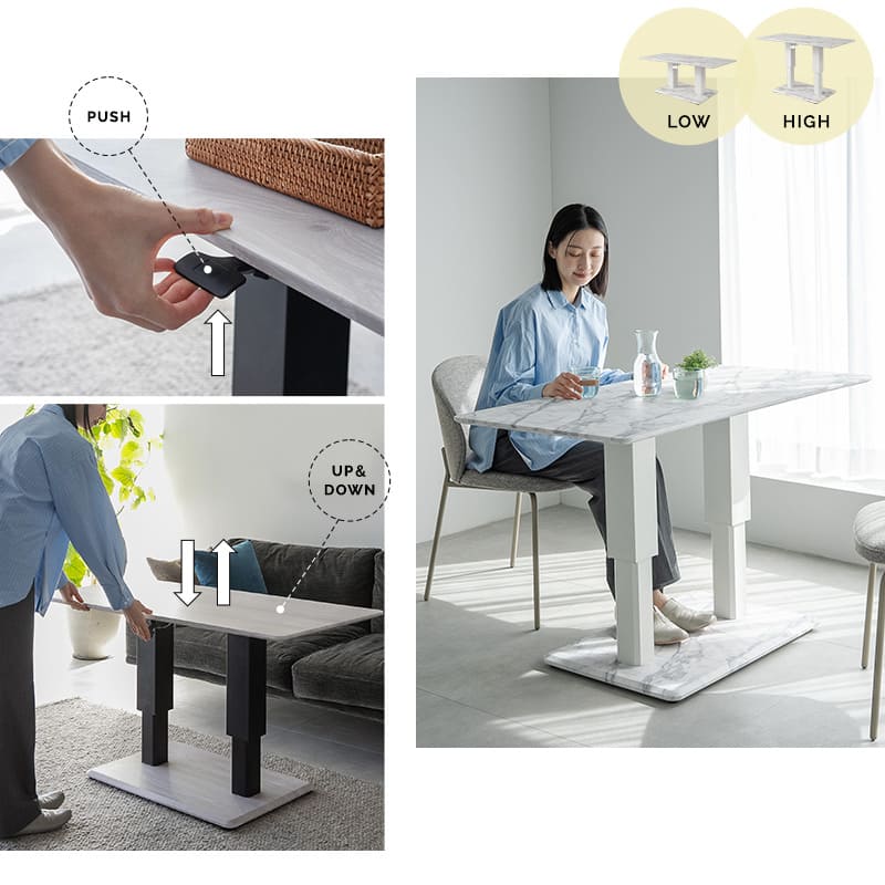 リフティングテーブル センターテーブル 幅120cm ガス圧昇降式 高さ調節可能 昇降式テーブル ダイニングテーブル 昇降式デスク 大理石調 木目調 二本脚 テーブル デスク 食事 仕事 リビング ダイニング