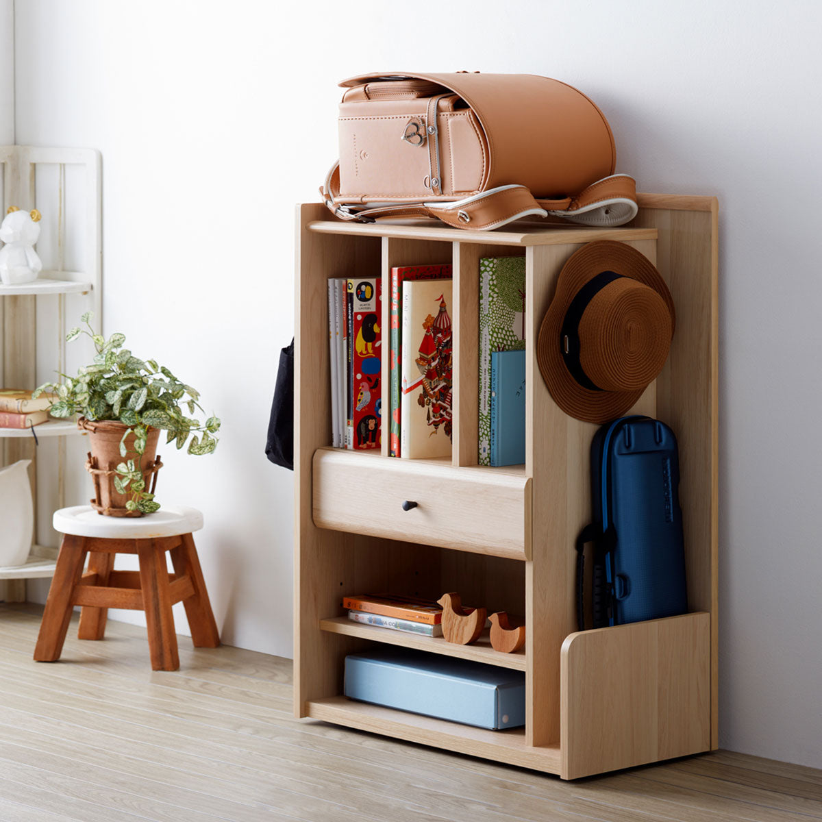 ランドセルラック 幅58cm 低め キャスター付き 引き出し付き ランドセル置き ランドセル収納 ラック ワゴン チェスト 本棚 収納棚 子供用 子供部屋 キッズルーム 入学準備 入園準備 リビング収納 収納家具