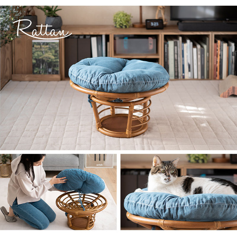 キャットベッド 猫 デニム風 クッション付き 空洞スペース付き ラタン 籐 天然素材 軽量 猫用ベッド ペットベッド 猫用 ペット用 隠れ家 寝床 あごのせ お昼寝 ペット用品