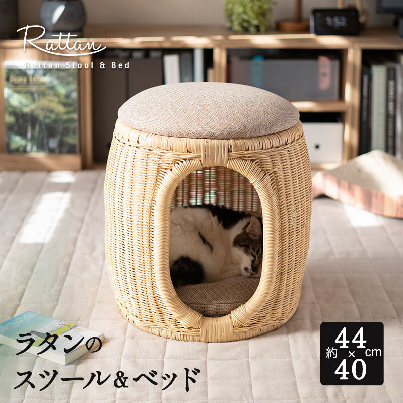 キャットベッド スツール 猫 クッション付き ラタン 籐 天然素材 軽量 猫用ベッド ペットベッド 猫用 ペット用 隠れ家 寝床 椅子 スツール 腰掛け ペット用品