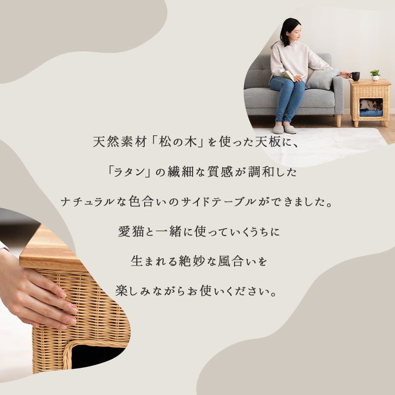 キャットベッド サイドテーブル 猫 クッション付き ラタン 籐 松 天然素材 軽量 猫用ベッド ペットベッド 猫用 ペット用 隠れ家 寝床 椅子 スツール 腰掛け ペット用品