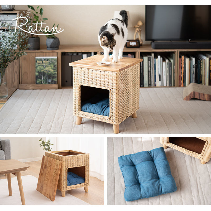 キャットベッド サイドテーブル 猫 クッション付き ラタン 籐 松 天然素材 軽量 猫用ベッド ペットベッド 猫用 ペット用 隠れ家 寝床 椅子 スツール 腰掛け ペット用品