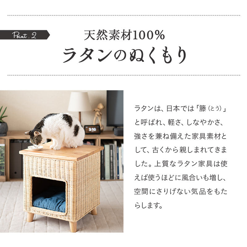 キャットベッド サイドテーブル 猫 クッション付き ラタン 籐 松 天然素材 軽量 猫用ベッド ペットベッド 猫用 ペット用 隠れ家 寝床 椅子 スツール 腰掛け ペット用品