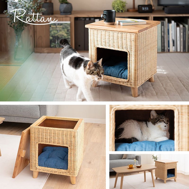 キャットベッド サイドテーブル 猫 クッション付き ラタン 籐 松 天然素材 軽量 猫用ベッド ペットベッド 猫用 ペット用 隠れ家 寝床 椅子 スツール 腰掛け ペット用品