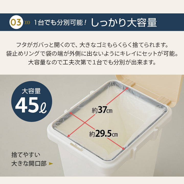 ハンドオープン式 ダストボックス 45L 同色2個セット 日本製 角型 分別シール付き ふた付き