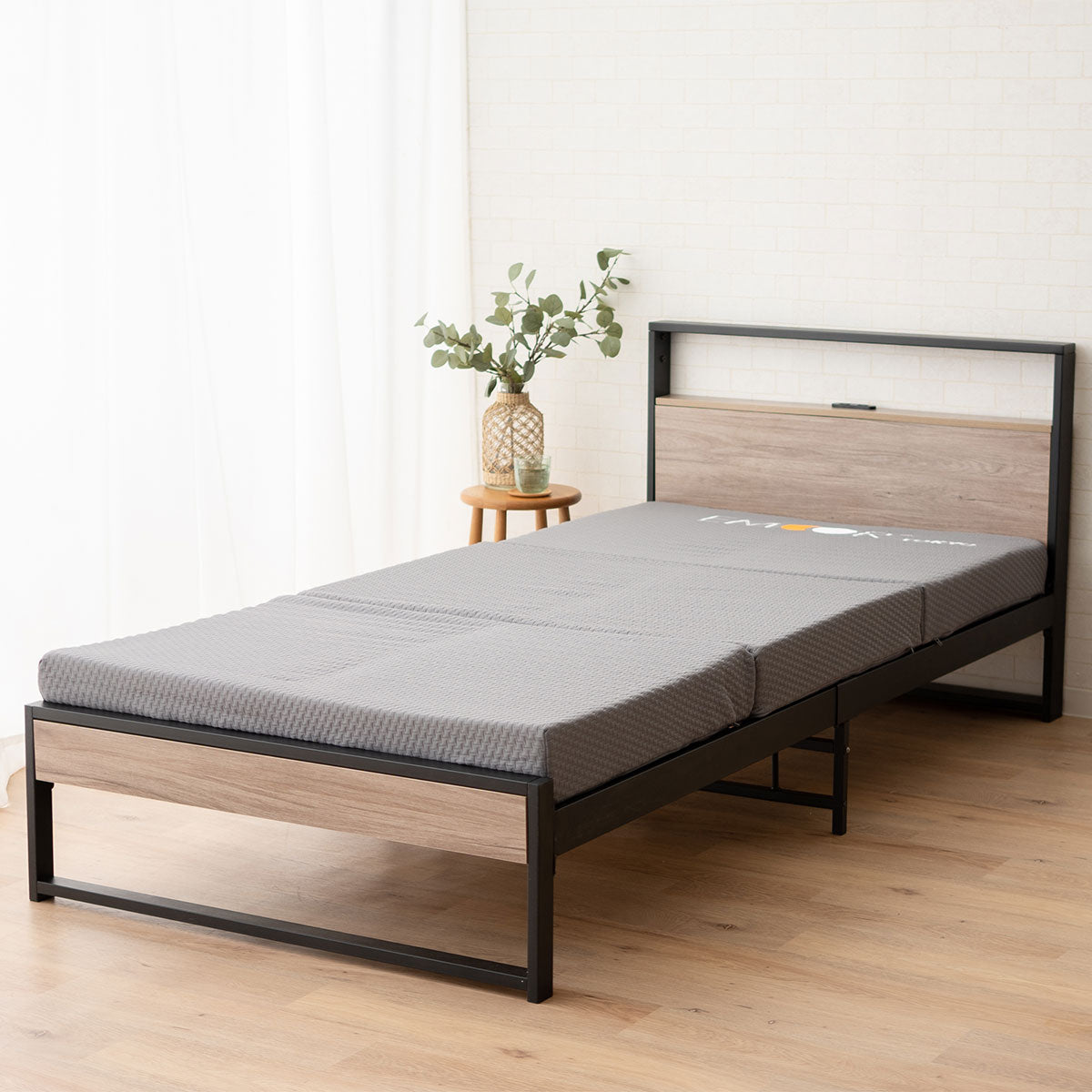 コンセント付きデザイナーズすのこベッド 高機能3つ折りマットレス 2点セット シングルサイズ ( HEIM BED FRAME / EMOOR GRAND MATTRESS )