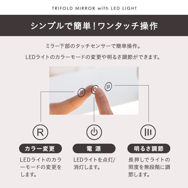 LEDライト付き ドレッサー 2点セット 幅80cm 鏡台 シンプルデスク パソコンデスク 三面鏡 台座付き 閉じても使える 女優ミラー スタンド 大型 タッチパネル