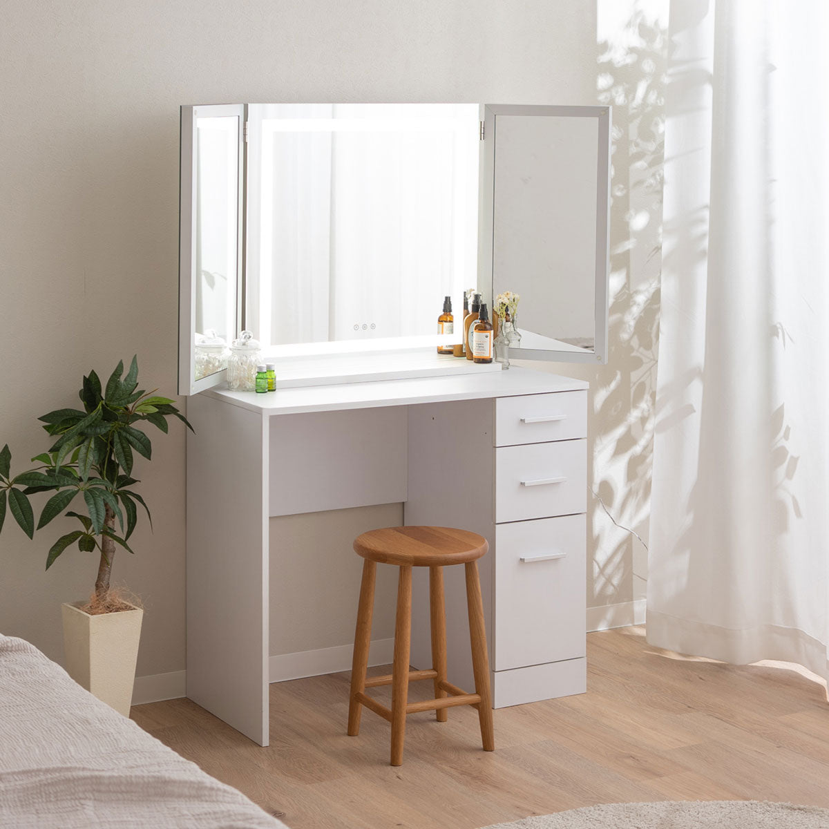 LEDライト付き ドレッサー 2点セット 幅80cm 鏡台 シンプルデスク パソコンデスク 三面鏡 台座付き 閉じても使える 女優ミラー スタンド 大型 タッチパネル