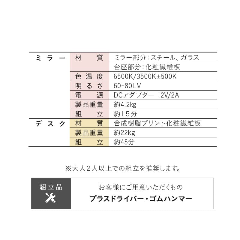 LEDライト付き ドレッサー 2点セット 幅80cm 鏡台 シンプルデスク パソコンデスク デスク 机 ハリウッドミラー 女優ミラー タッチパネル USBポート付き