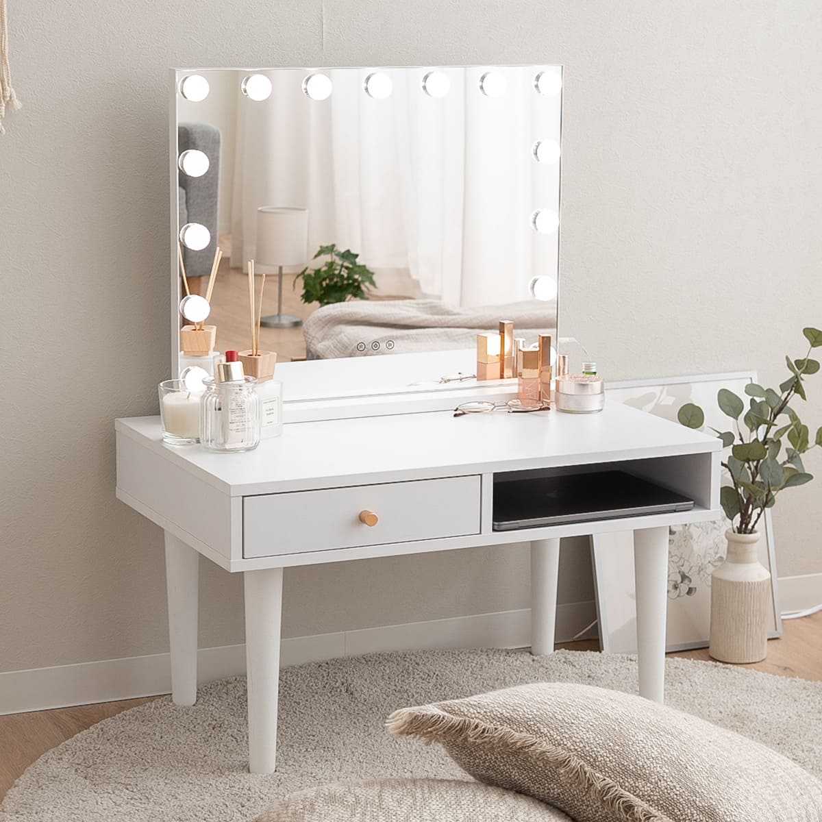LEDライト付き ドレッサー 2点セット 幅70cm ロータイプ 鏡台 ドレッサーテーブル パソコンデスク 机 ハリウッドミラー 女優ミラー タッチパネル USBポート付き