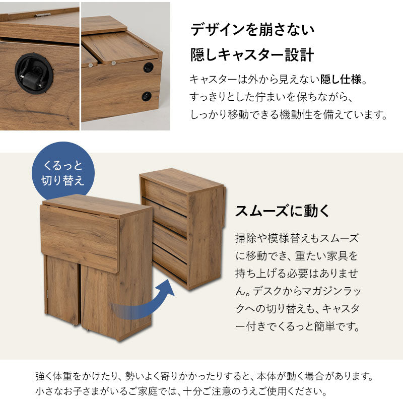 たたむデスク ワゴンタイプ 幅60cm コンパクト 折りたたみデスク PCデスク パソコンデスク マガジンラック 本棚 キッズデスク 学習デスク 学習机 勉強机 キッチンスペース 作業台 作業スペース