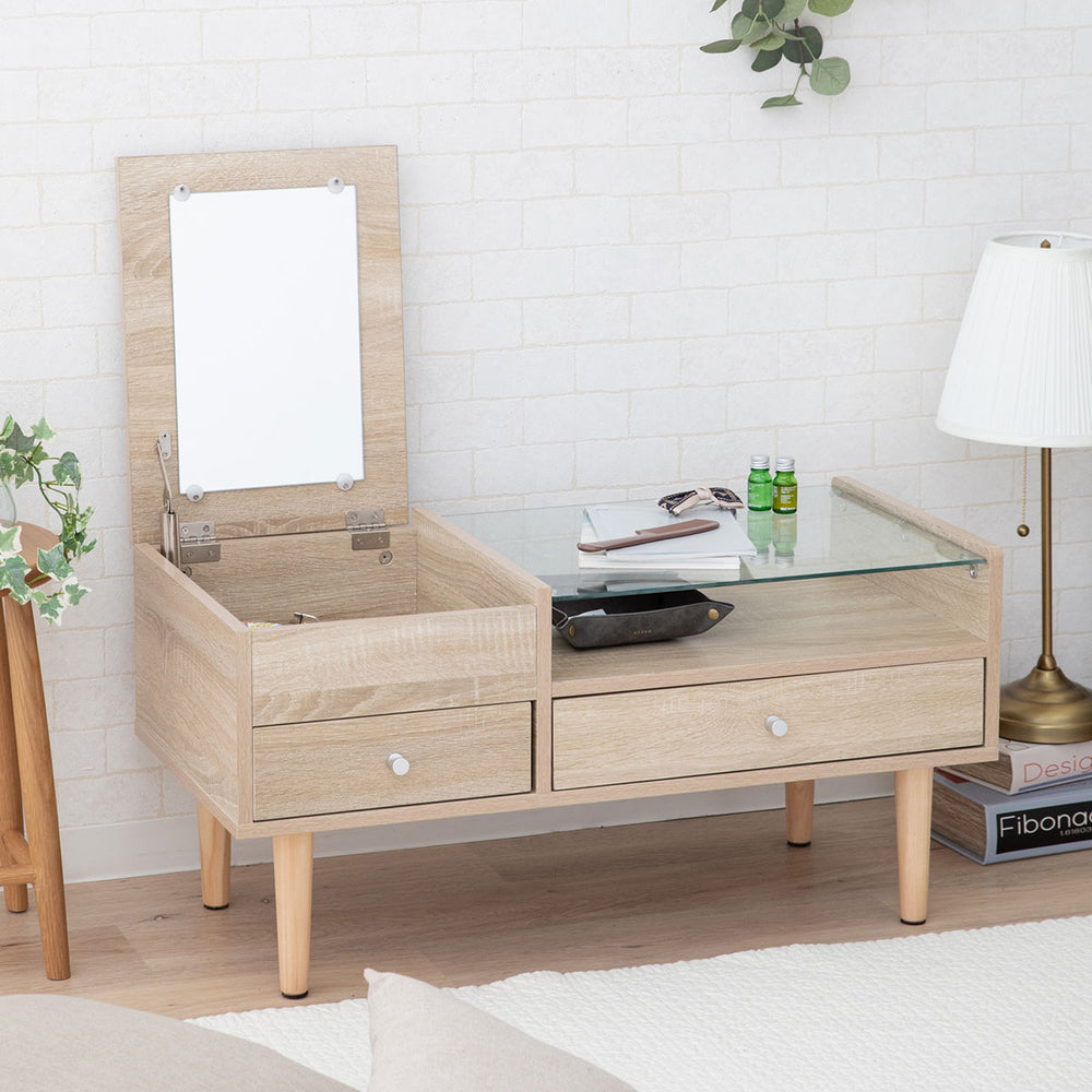 ドレッサーテーブル 幅80cm 完成品 ローテーブル 鏡台 1台2役 コンパクト センターテーブル 机 デスク 化粧台 メイク台 ロータイプ 木製 天然木 ガラス天板 引き出し収納 コスメ収納