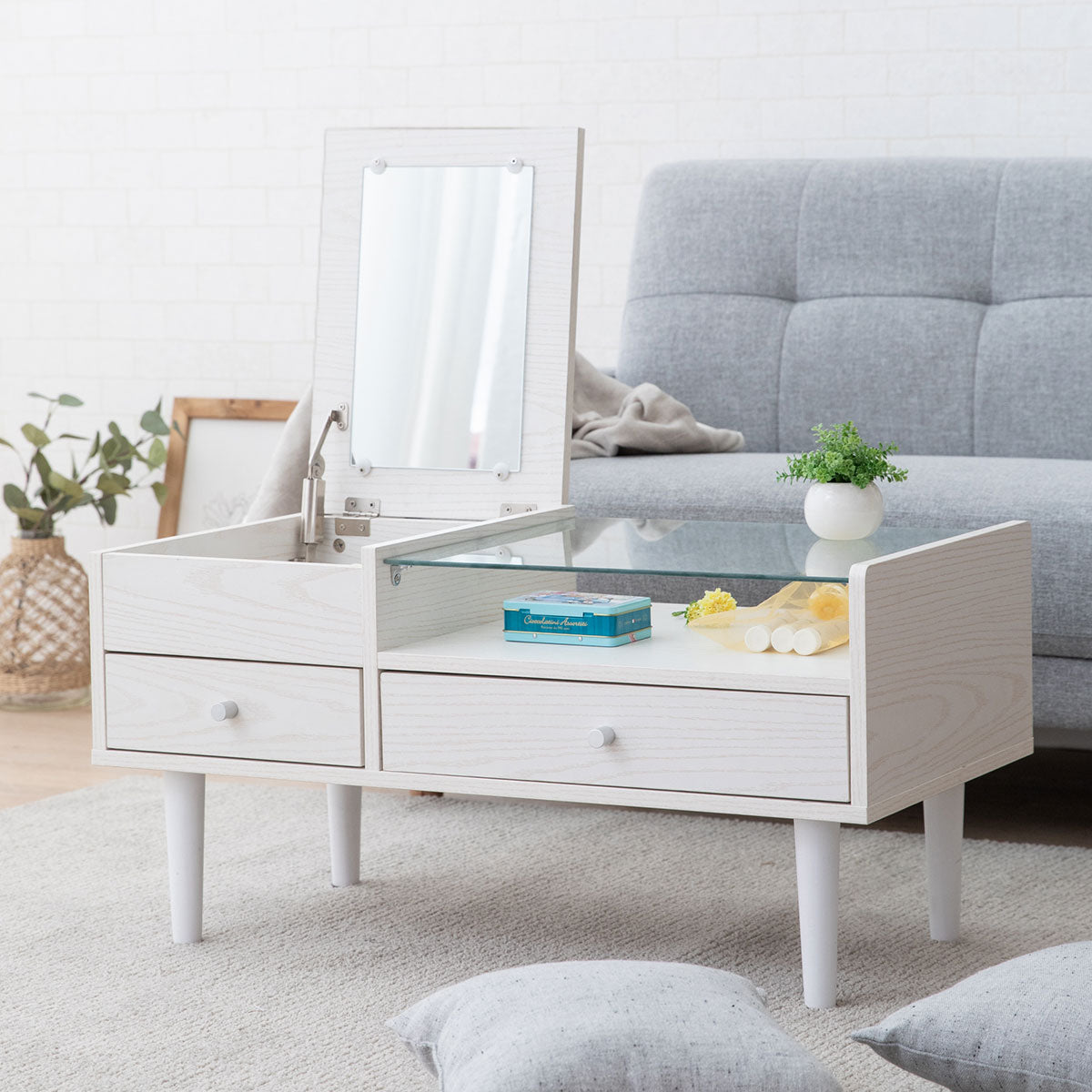 ドレッサーテーブル 幅80cm 完成品 ローテーブル 鏡台 1台2役 コンパクト センターテーブル 机 デスク 化粧台 メイク台 ロータイプ 木製 天然木 ガラス天板 引き出し収納 コスメ収納