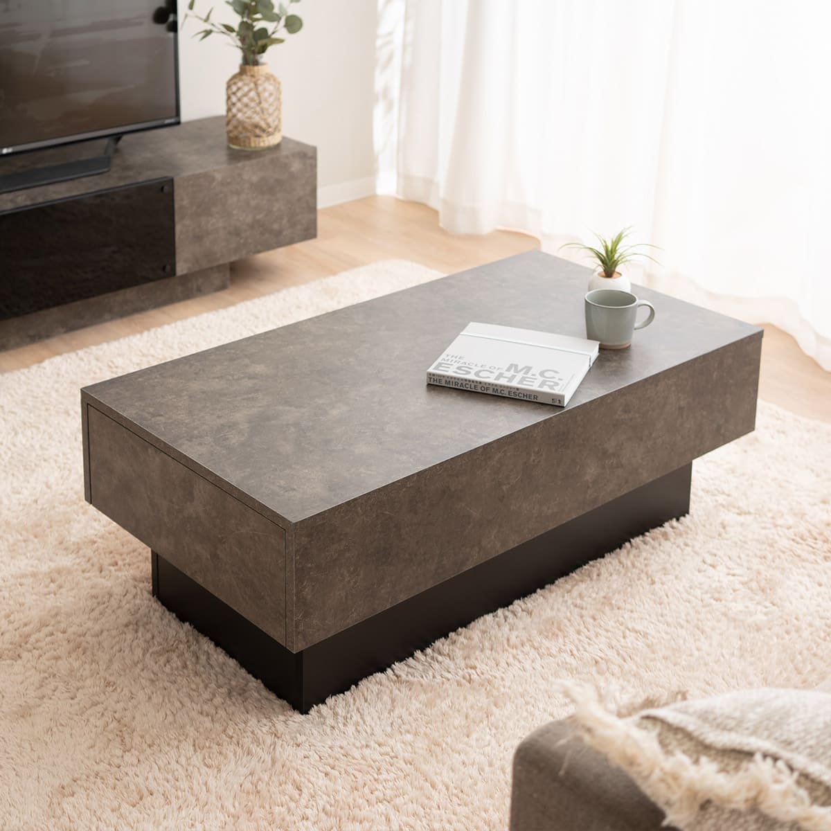 センターテーブル 幅105cm 長方形 引き出し収納付き ローテーブル リビングテーブル パソコンデスク ワークデスク 机 作業台 セラミック調 食事 仕事 リビング ダイニング 書斎