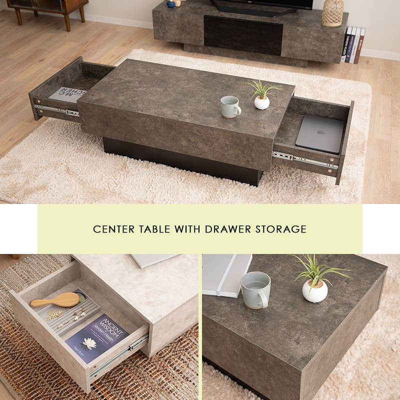 センターテーブル 幅105cm 長方形 引き出し収納付き ローテーブル リビングテーブル パソコンデスク ワークデスク 机 作業台 セラミック調 食事 仕事 リビング ダイニング 書斎