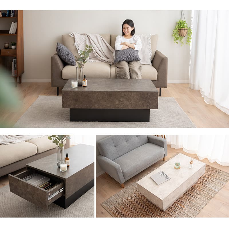 センターテーブル 幅105cm 長方形 引き出し収納付き ローテーブル リビングテーブル パソコンデスク ワークデスク 机 作業台 セラミック調 食事 仕事 リビング ダイニング 書斎