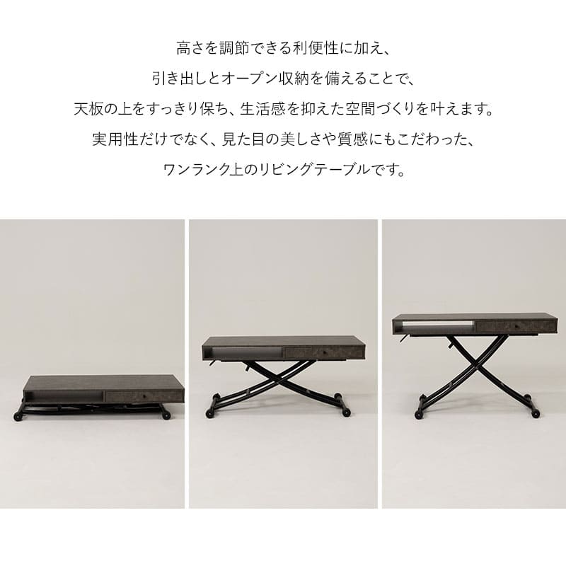 アルティラ Altira 収納付き 昇降テーブル 120×50 ストーングレー テーブル リビングテーブル ダイニングテーブル 高さ調整 モダン 幅120
