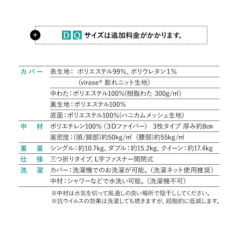 スカイブリージーマットレス 日本製 抗ウイルス 3つ折り 折りたたみ 高反発 3Dファイバー かため 洗える 丸洗い 清潔 通気性抜群 ショールーム体験可