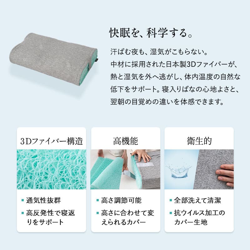 3Dファイバーまくら 通気性 日本製 抗ウイルス カバー付き 高さ調節シート付き 高反発 かため 洗える 丸洗い 清潔 コンパクト 小さめ ショールーム体験可