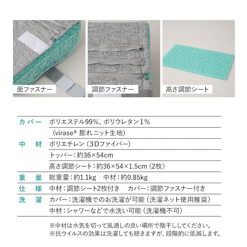 3Dファイバーまくら 通気性 日本製 抗ウイルス カバー付き 高さ調節シート付き 高反発 かため 洗える 丸洗い 清潔 コンパクト 小さめ ショールーム体験可