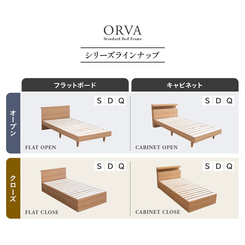 スタンダードベッド ORVA キャビネット クローズフレーム LED照明付き 大容量収納付き コンセント付き ベッドフレーム すのこ スノコ 調湿 高通気 湿気対策 カビ対策 シングル ダブル クイーン