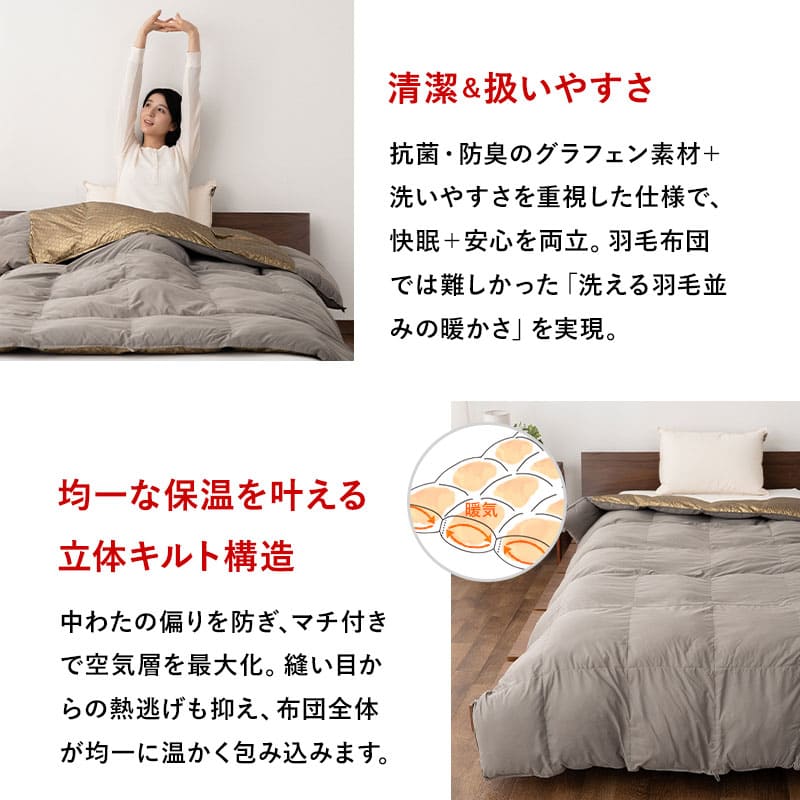 ダウンライク掛け布団 高機能掛け布団 グラフェン・エアロゲル・ダウンライクわた使用 速暖 保温 蓄熱 抗菌防臭 遠赤外線効果 体温で発熱 高断熱 あたたかい 洗える あったか寝具 秋冬 防寒対策 寒さ対策
