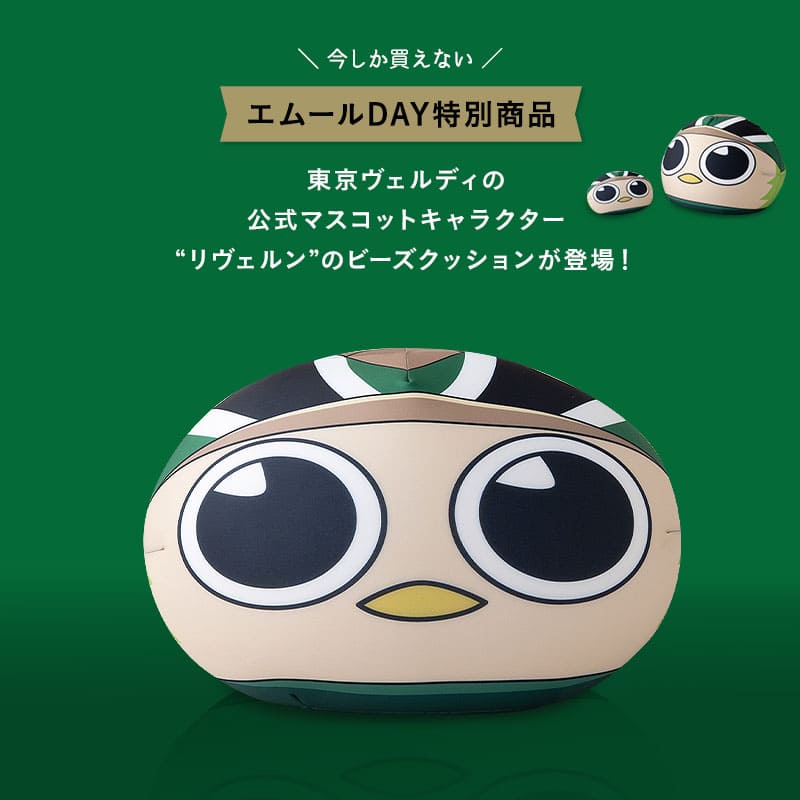TOKYO VERDY × EMOOR 公式コラボ リヴェルン ビーズクッション 37×30cm ノーマルサイズ クッション 背もたれ マスコットキャラクター 東京ヴェルディ