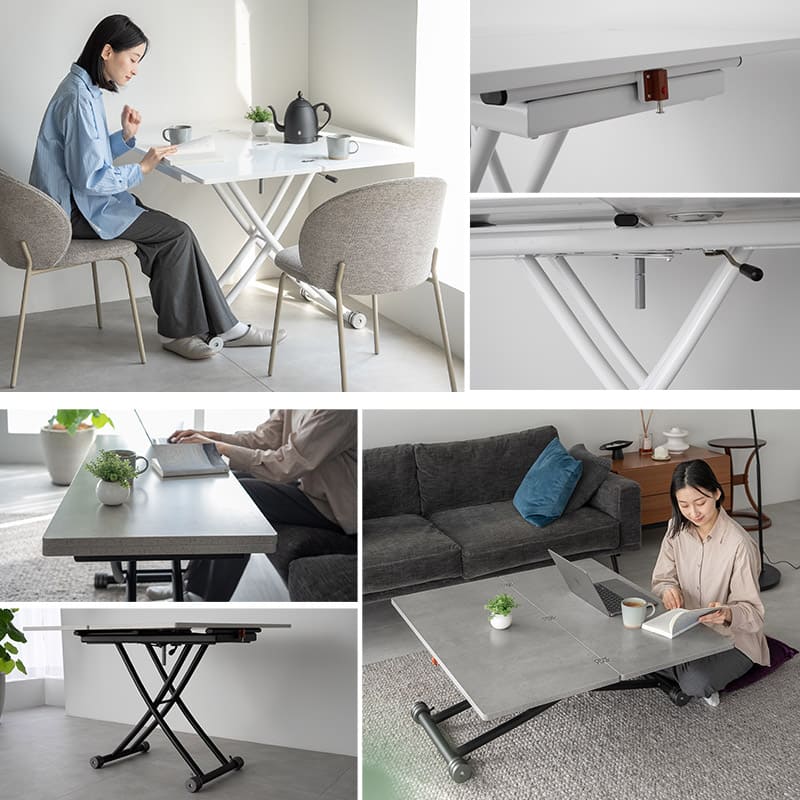 マジックテーブル 幅100cm 昇降式 伸長式 高さ調節可能 リフトテーブル ローテーブル ダイニングテーブル センターテーブル パソコンデスク ワークデスク 机 作業台 ストーン調 石目調 スチール脚 食卓用