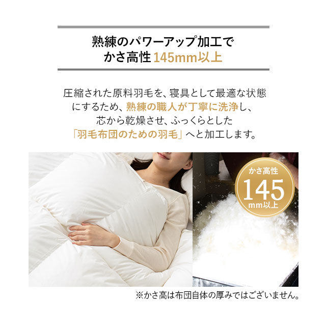 羽毛布団 スーパーロングセミダブル 日本製 エクセルゴールドラベル フランス産ホワイトダックダウン90% 非圧縮 新合繊生地使用 軽量 収納ケース付き ループ付き