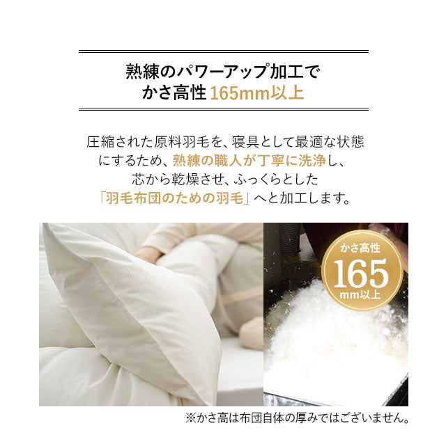 羽毛布団 スーパーロングシングル 日本製 ロイヤルゴールドラベル ポーランド産ホワイトダックダウン93% 非圧縮 新合繊生地使用 軽量 収納ケース付き ループ付き