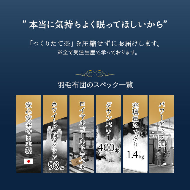 羽毛布団 スーパーロングダブル 日本製 ロイヤルゴールドラベル ポーランド産ホワイトダックダウン93% 非圧縮 新合繊生地使用 軽量 収納ケース付き ループ付き