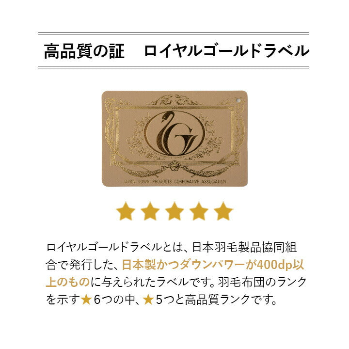 2枚合わせ 羽毛布団 キング 日本製 ロイヤルゴールドラベル ポーランド産ホワイトダックダウン93% 非圧縮 新合繊生地使用 軽量 二枚合わせ 収納ケース付き ループ付き