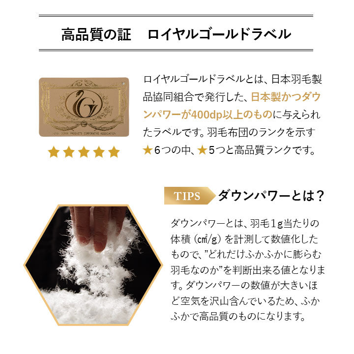 羽毛肌掛け布団 クイーン 日本製 ロイヤルゴールドラベル ダウンケット ポーランド産ホワイトダックダウン93% 非圧縮 ループ付き 収納ケース付き