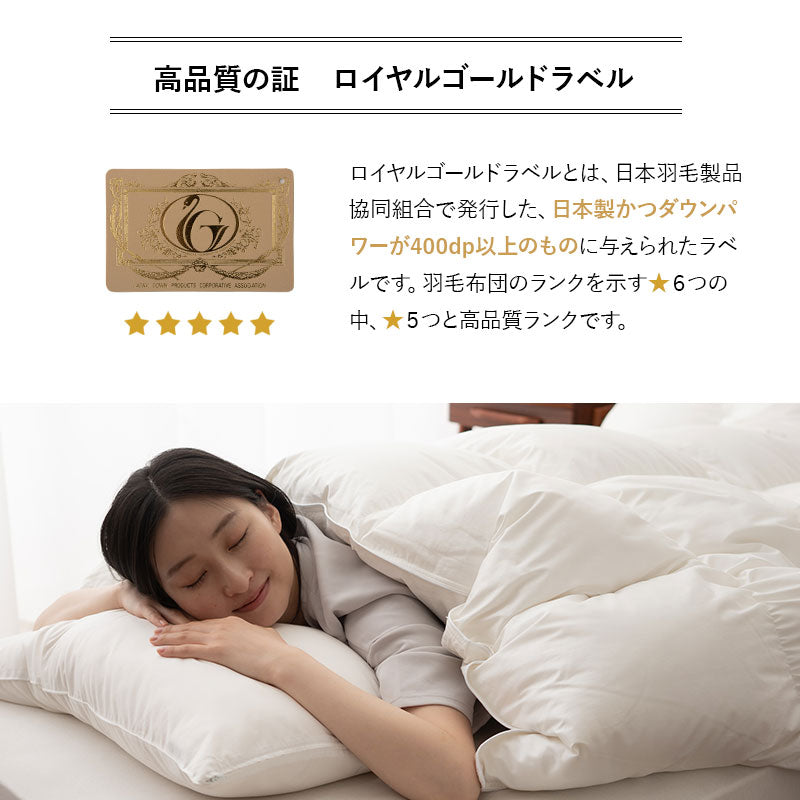 羽毛布団 キング 日本製 ロイヤルゴールドラベル ハンガリー産ホワイトグースダウン93% 非圧縮 ハイブリッド新合繊生地使用 軽量 収納ケース付き ループ付き