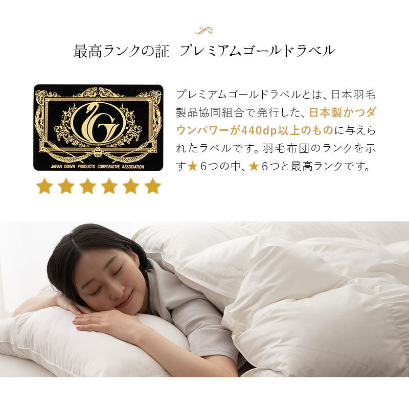 羽毛布団 セミダブル 日本製 プレミアムゴールドラベル ポーランド産ホワイトグースダウン95% 非圧縮 ハイブリッド新合繊生地使用 軽量 収納ケース付き ループ付き