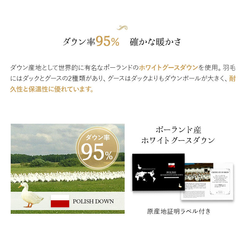 羽毛布団 セミダブル 日本製 プレミアムゴールドラベル ポーランド産ホワイトグースダウン95% 非圧縮 ハイブリッド新合繊生地使用 軽量 収納ケース付き ループ付き