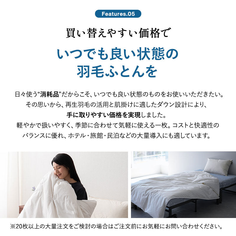 肌掛け布団 羽毛布団 リサイクル羽毛 再生羽毛 清潔 軽量 高品質 掛け布団 ダウンケット 収納ケース付き ループ付き 冷え エアコン 冷房 クーラー 春~秋 リサイクルダウン リサイクルフェザー 河田フェザー