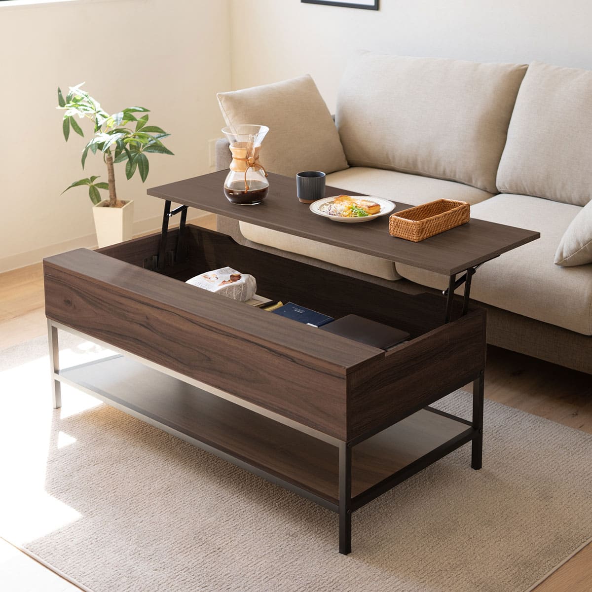 リフトアップテーブル 幅90cm 長方形 昇降式 高さ調節可能 収納付き リフトテーブル ローテーブル センターテーブル 昇降式デスク パソコンデスク ワークデスク 机 作業台 木製 食事 仕事 リビング ダイニング