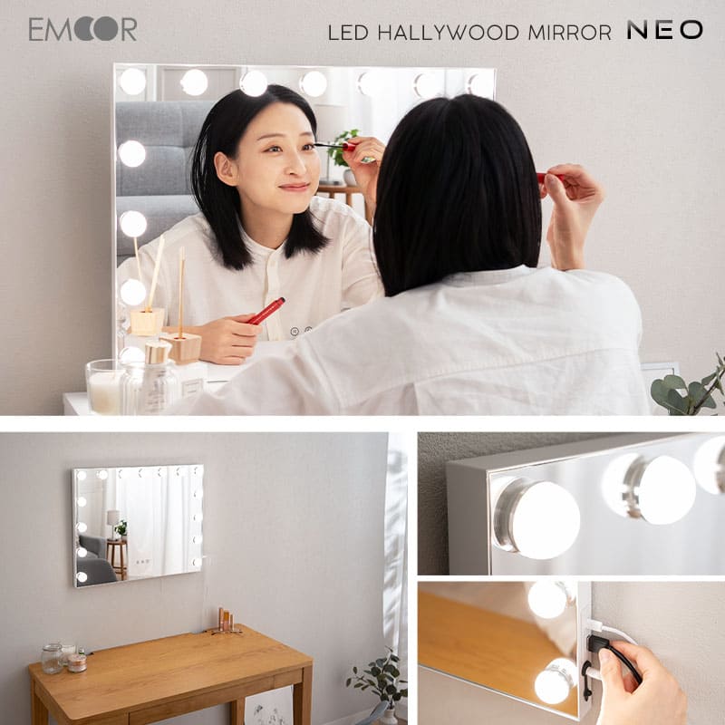 LEDライト付き ハリウッドミラー NEO 女優ミラー 女優鏡 壁掛け スタンド 2way 大型 タッチパネル USBポート付き 女優ライト
