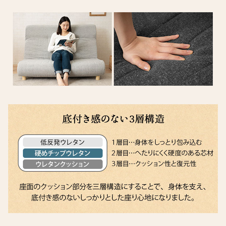 低反発リクライニングソファ 2人用 フロアソファ ハイバック~フラット 脚付き