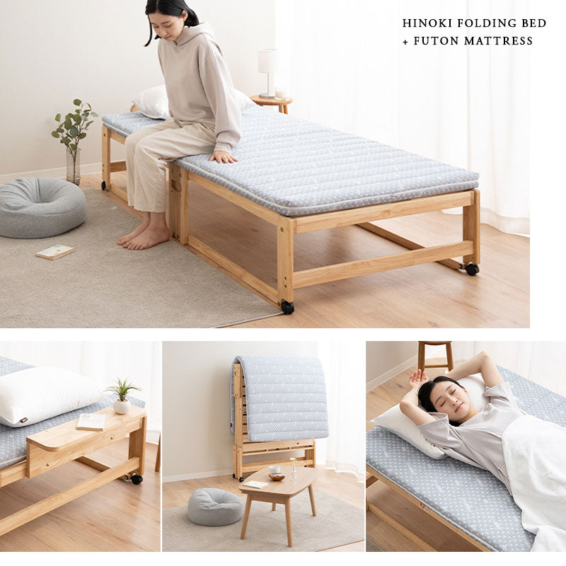 折りたためるヒノキすのこベッド 布団マットレス 2点セット 日本製 ハイタイプ ヘッドボード付き