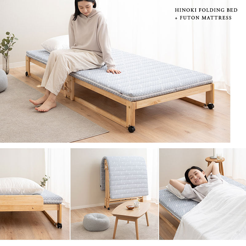 折りたためるヒノキすのこベッド 布団マットレス 2点セット 日本製 ロータイプ フラットベッド ヘッドボード付き