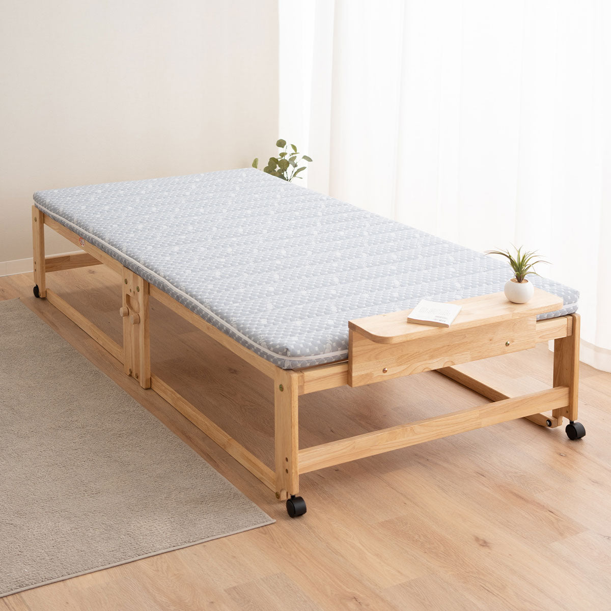 折りたためるヒノキすのこベッド 布団マットレス 2点セット 日本製 ハイタイプ ヘッドボード付き