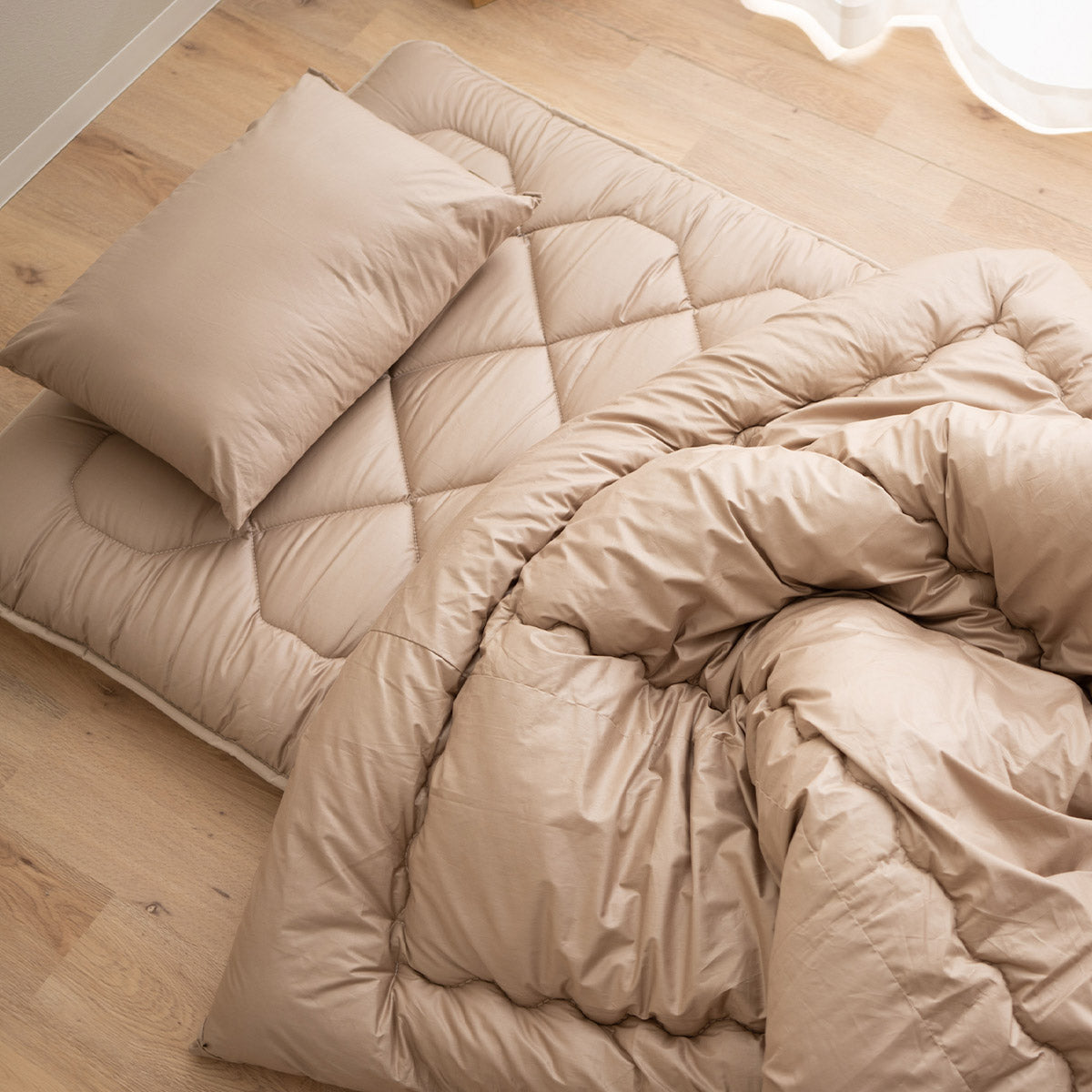 ノン圧縮 布団6点セット シングル (掛け布団・敷き布団・枕・掛け布団カバー・フィットシーツ・ピロケース) 日本製 抗菌 防臭 防ダニ 掛け敷き枕 カバー付き