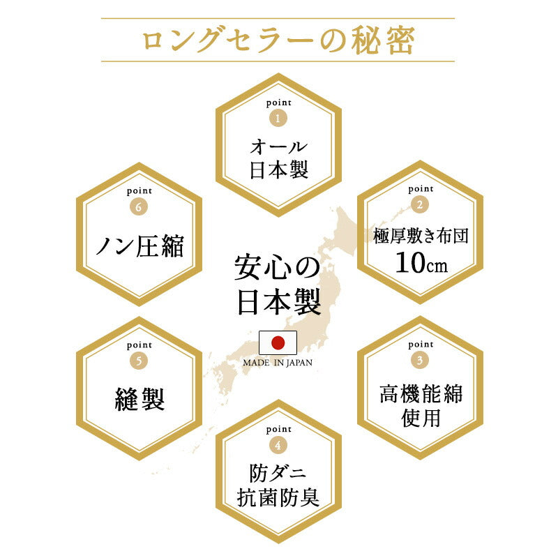 ノン圧縮 布団6点セット シングル (掛け布団・敷き布団・枕・掛け布団カバー・フィットシーツ・ピロケース) 日本製 抗菌 防臭 防ダニ 掛け敷き枕 カバー付き