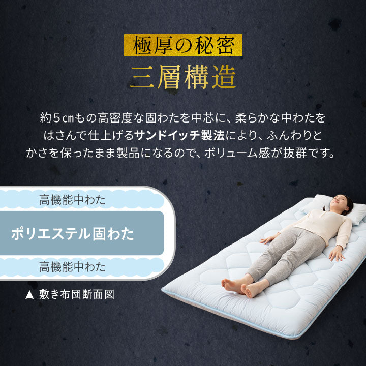 体にフィットする 布団3点セット シングル (掛け布団・敷き布団・枕) 日本製 抗菌 防臭 防ダニ 綿100% 掛け敷き枕 組布団