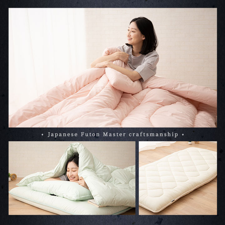 体にフィットする 布団3点セット シングル (掛け布団・敷き布団・枕) 日本製 抗菌 防臭 防ダニ 綿100% 掛け敷き枕 組布団