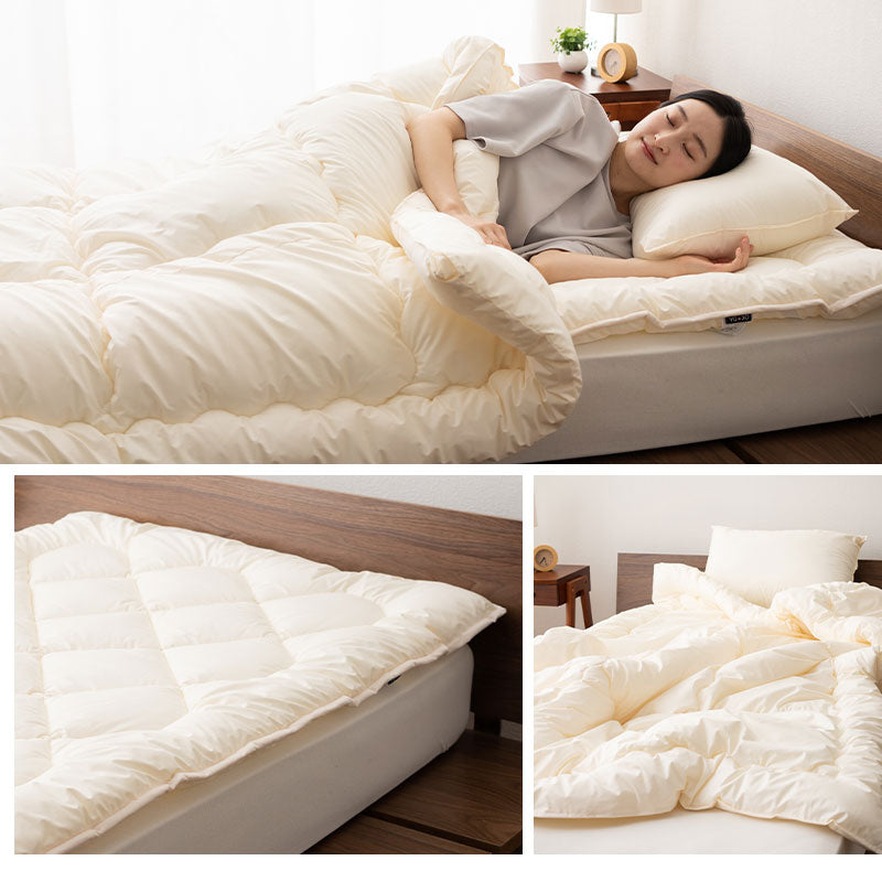 洗える ベッド用 肌掛け付き 布団5点セット ダブル (掛け布団・肌掛け布団・ベッドパッド・枕×2) 日本製 掛け敷き枕 組布団 丸洗い 洗濯機OK