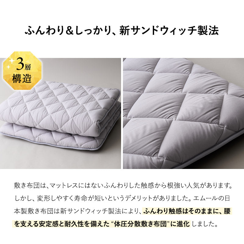 敷き布団 敷布団 日本製 体圧分散 抗菌・防臭・防ダニ 3層 高反発ウレタン 防ダニ布団 抗菌布団 ウレタン敷き布団 体圧分散敷き布団 軽量 オールシーズン ウレタン入り エムールの日本製布団